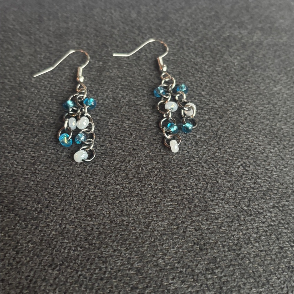 Silver and Blue Beaded Dangle Earrings- hand crafted - Picture 3 of 12